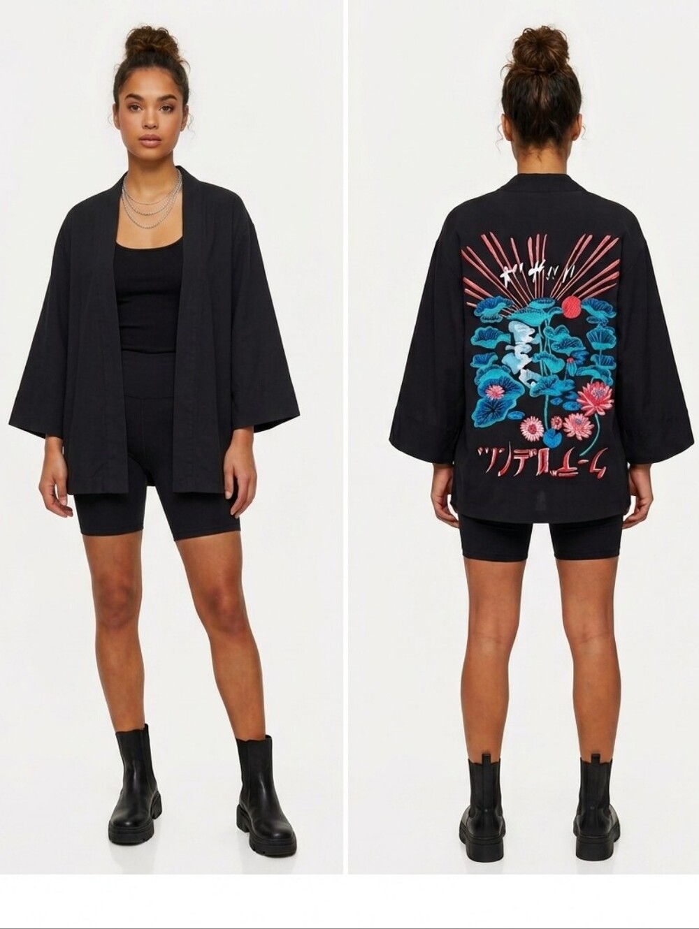 Topshop Embroidered Kimono Jacket Black Asian Graphic Back Print Size US 6 Boho
